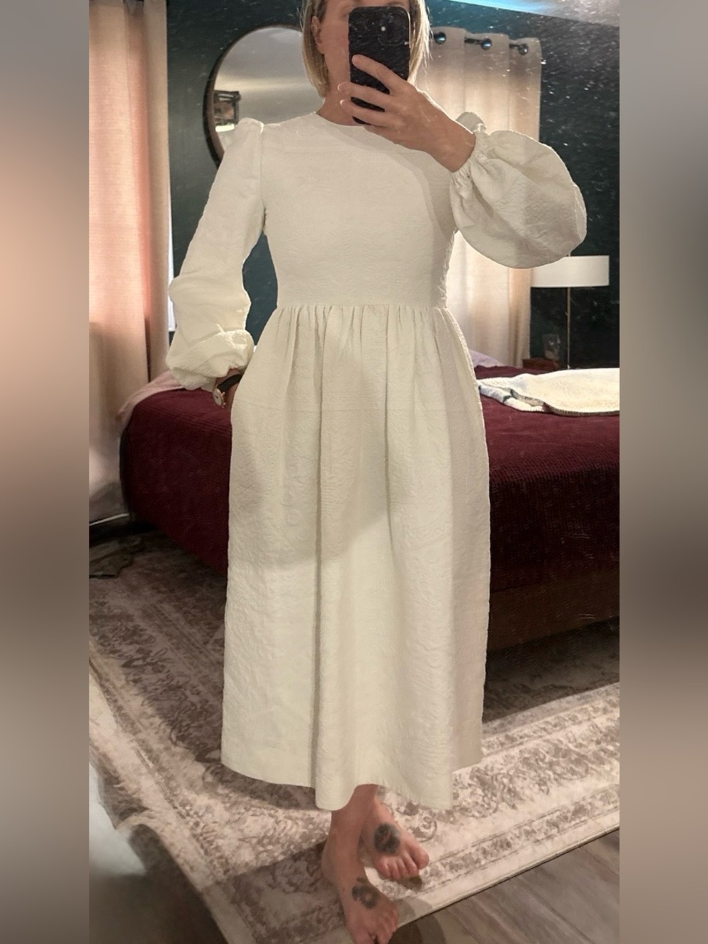 Valentino BNWT Textured Jacquard Long Sleeve Midi Dress – Ivory – IT 40 / M